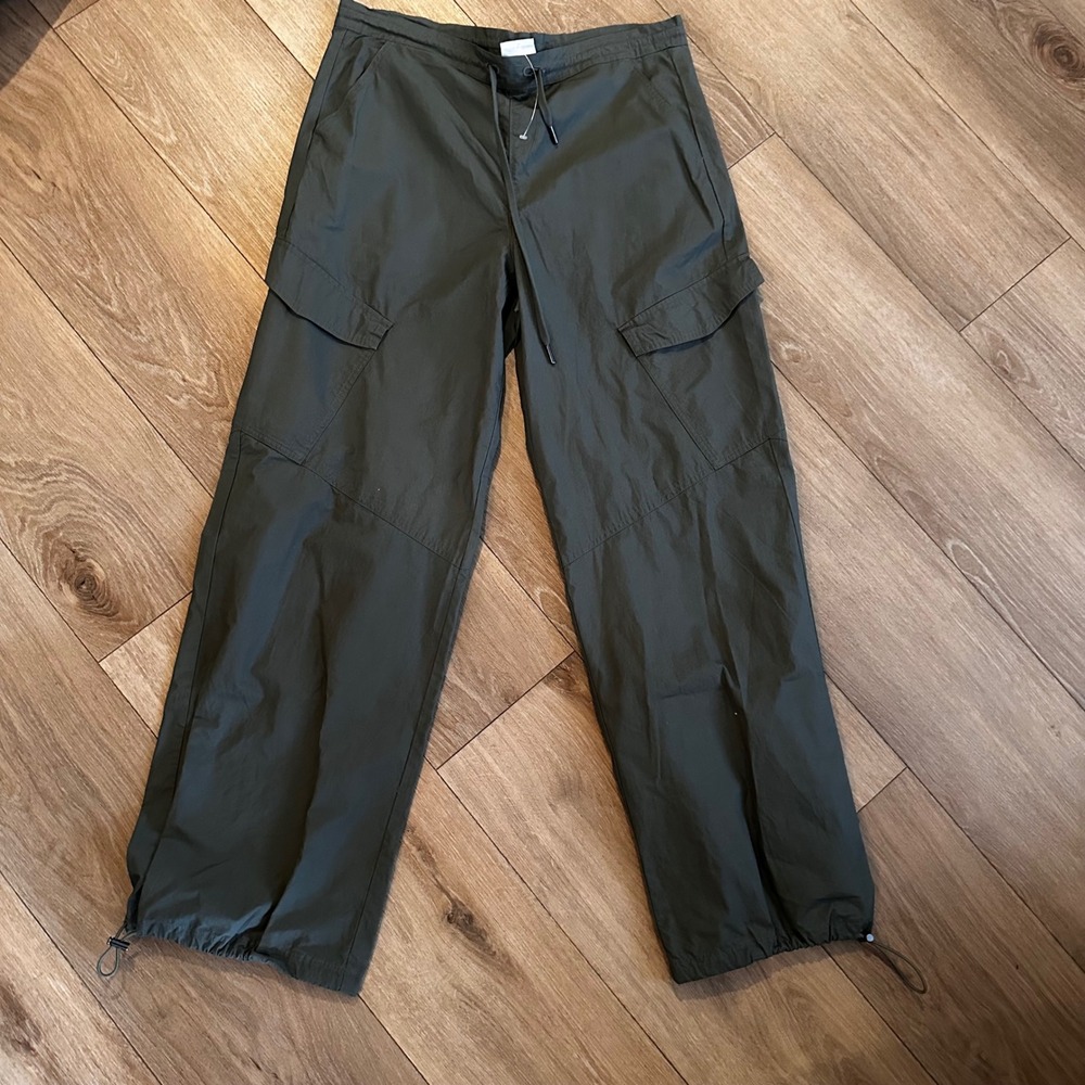 Social Tourist Women Olive Green Cargo Pants Wide Leg Cotton Drawstring XS